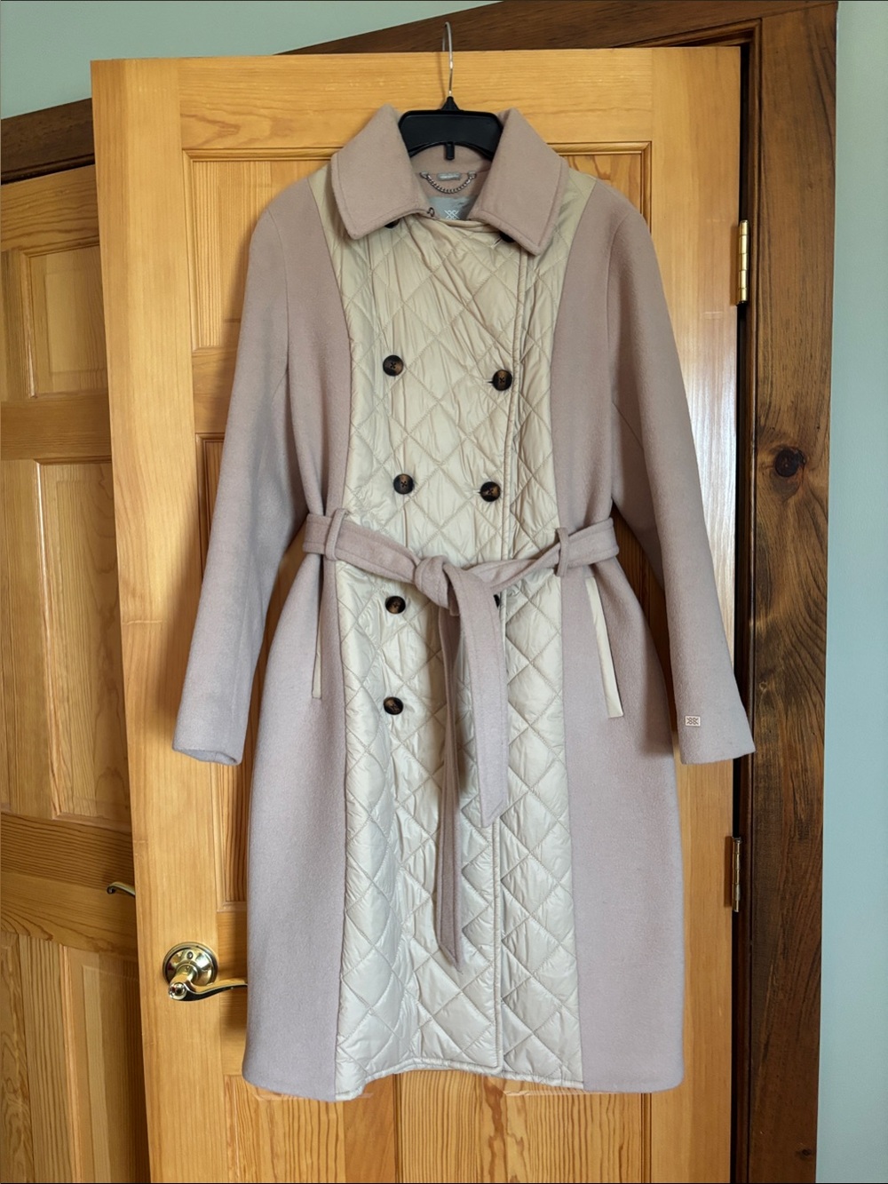 Women's Quilted-Front Belted Wool Blend Coat in Beige/Blush